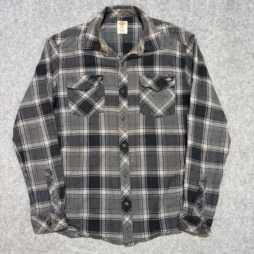 Dickies Mens LT Gray Black Plaid Flannel Button Up Shirt Tall Long Sleeve Cotton